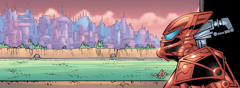 Comic Toa Vakama And Metru Nui Skyline